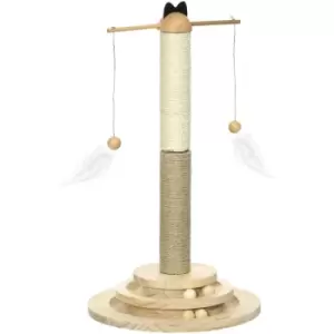 Image of Cat Tower w/ Turntable Toy Ball, Jute and Sisal Scratching Post - Natural wood finish - Pawhut