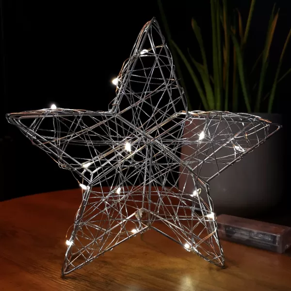 Image of 20cm Battery Operated Silver Woven Mesh Christmas Star Decoration with Warm White LEDs