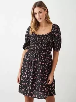 Image of Dorothy Perkins Floral Shirred Mini Dress - Black, Size 12, Women