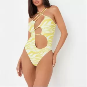 Image of Missguided Animal Print Strappy Asymmetric Swimsuit - Yellow