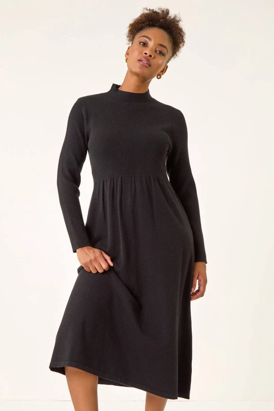 Image of Roman Womens Ribbed Knit High Neck Midi Dress in Black Size: 18 Black Female 18