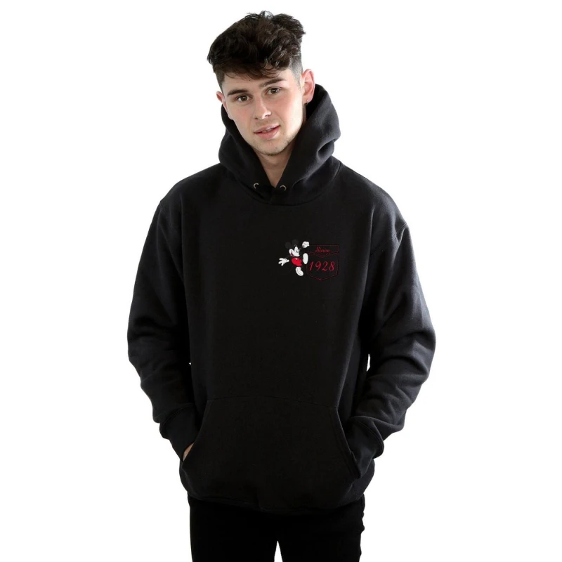 Image of Disney Men Mickey Mouse Faux Pocket Since 1928 Hoodie in Black Size: Small Black S Male 5057955022507