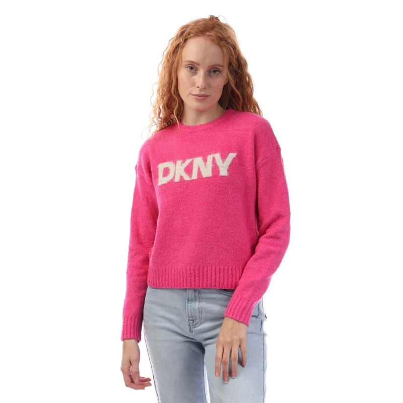 Image of DKNY Tinsel Logo Boucle Crew Knit Sweater Pink female S