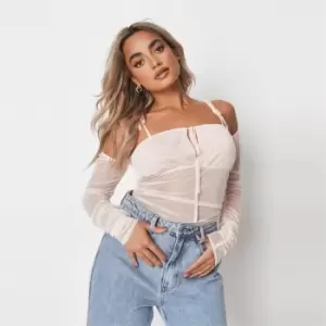 Image of Missguided Ruched Cold Shoulder Bodysuit - Beige