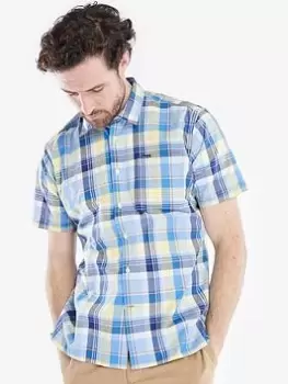Image of Barbour Bernard Linen Mix Short Sleeve Shirt, Blue, Size S, Men