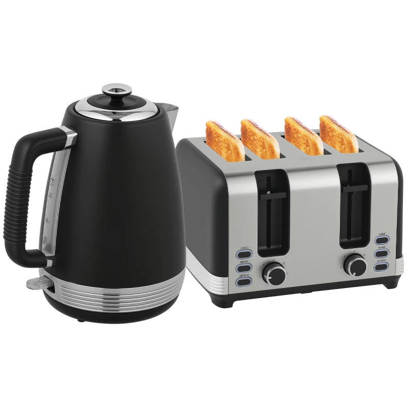 Image of HOMCOM HOMCOM 1.7L 3000W Quick Boil Kettle and 4 Slice Toaster Set Crumb Tray Black One Size Unisex 5063603170964