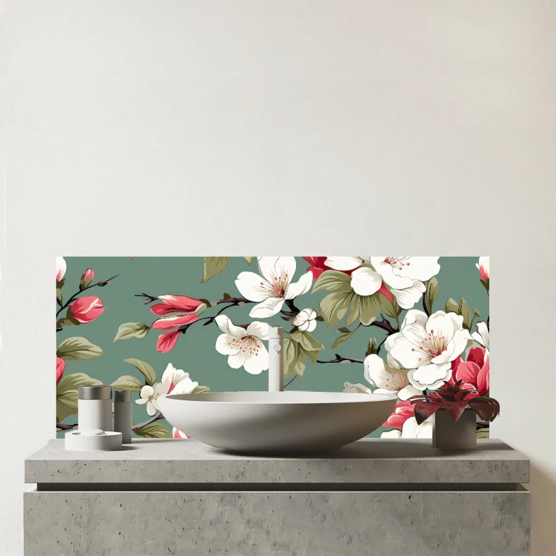 Image of Warren Reed - Designer Pink & White Blossom Glass Bathroom Splashback in Green Green Unisex