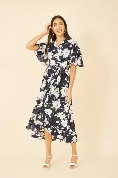 Image of Navy Floral Print Midi Wrap Dress