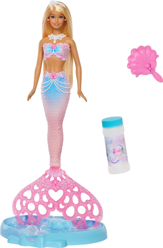 Image of Barbie Bubble Sparkle Mermaid Doll with Bubble-Making Feature & Solution Tray & Hairbrush Plus Long Color-Streaked Blonde Hair JLW56