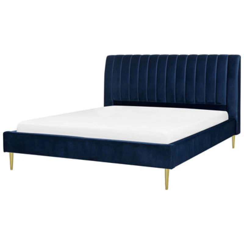 Image of Beliani Bed Velvet Marville 180 X 200 Cm (Eu Super King) Navy Blue