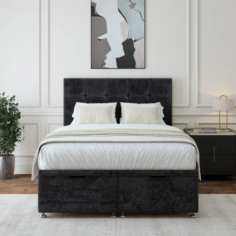 Image of Bedmaster Bedmaster Luxury Velvet Ottoman Divan Base And Square Headboard in Black Size: Single Black Single Unisex 7867868706672
