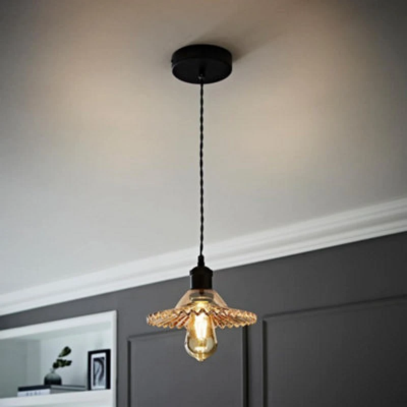 Image of ia Black Pendant Light with Amber Frilled Glass Shade
