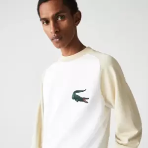 Image of Lacoste Mens Crocodile Two-Tone Cotton Fleece Sweatshirt Size 3 - S White / Beige