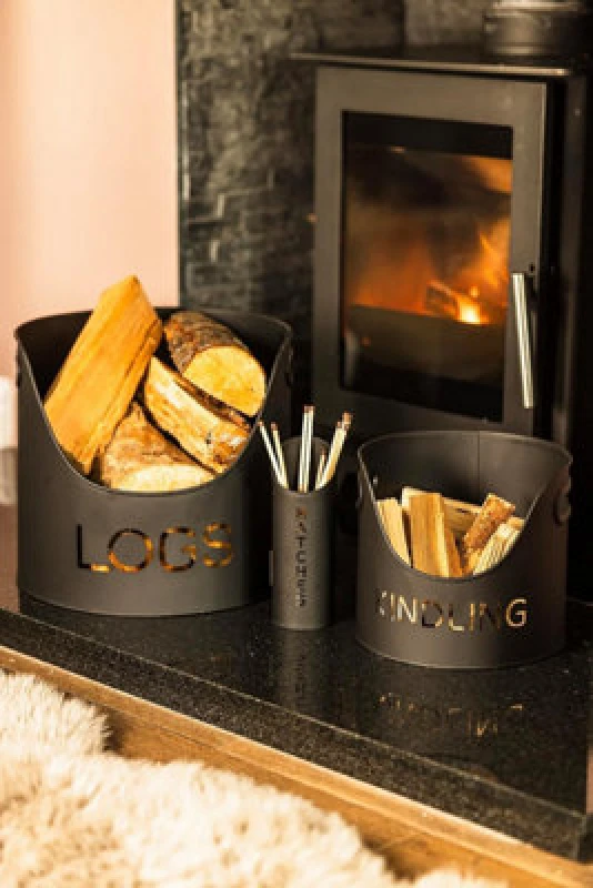Image of Marco Paul 3Pc Black Fireside Accessory Set - With Log, Coal Bucket And Match Holder