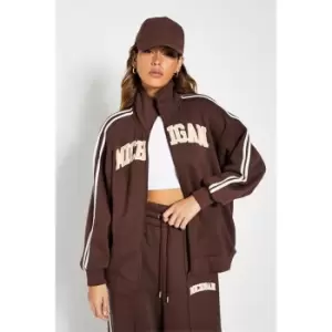 Image of I Saw It First Michigan Graphic Stripe Funnel Neck Sweatshirt - Brown