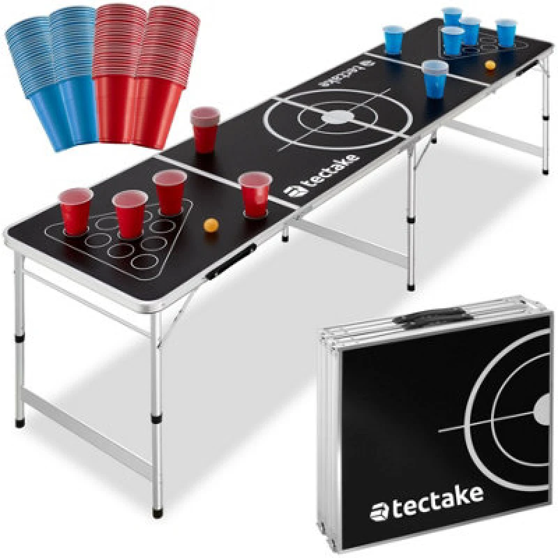 Image of Tectake Beer Pong Table 'Brew Battle' - Foldable, Height-adjustable, w/ 100 Cups, 6 Balls, Black 404951