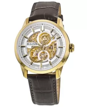 Image of Bulova Classic White Skeleton Dial Brown Leather Strap Mens Watch 97A138 97A138