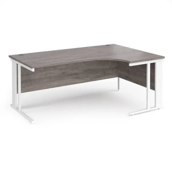 Image of Maestro 25 right hand ergonomic desk 1800mm wide - white cable managed leg frame, grey oak top