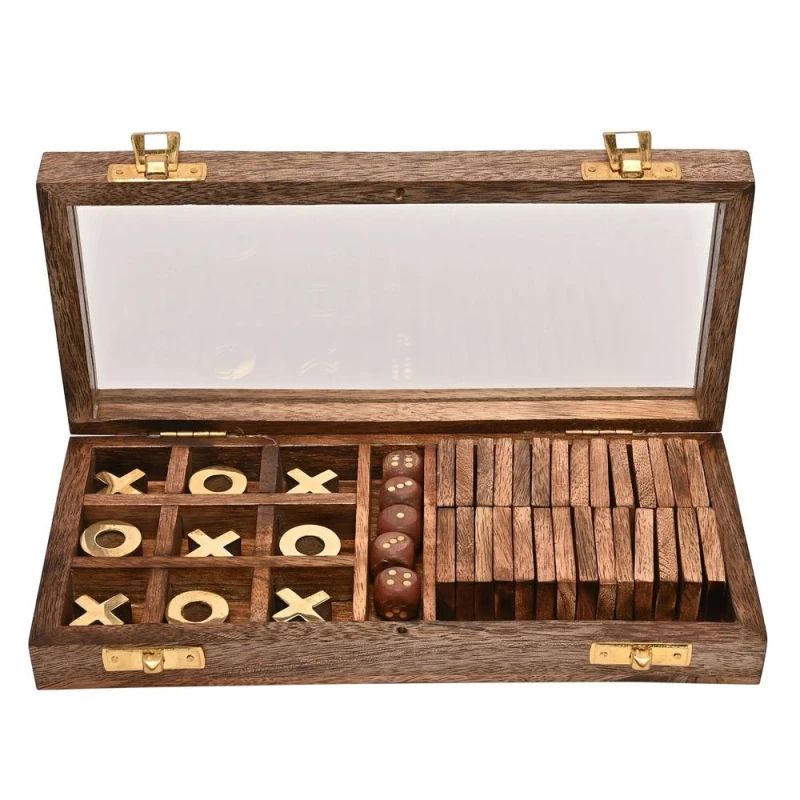 Image of Harvey Makin Dominoes, Tic Tac Toe & Dice Set - Brown Wood HM2495
