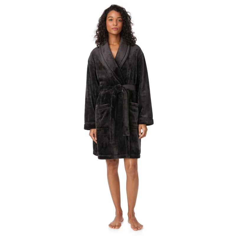Image of DKNY Womens Plush Relaxed Fit Dressing Gown Black female 8 (XS)