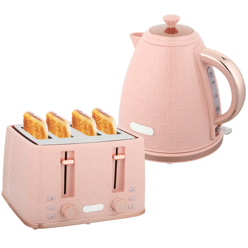 Image of HOMCOM HOMCOM 1.7L Kettle and Toaster Set with Defrost Reheat and Crumb Tray in Light Pink Light Pink One Size Unisex 5063603053120