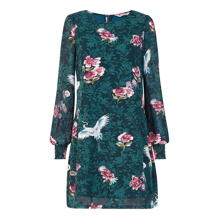 Image of Yumi Green Crane 'Mila' Long Sleeves Shift Dress - 8