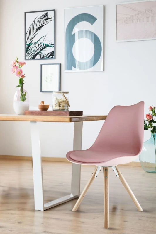 Image of Fusion Living Soho Plastic Dining Chair with Pyramid Light Wood Legs Dusty Pink