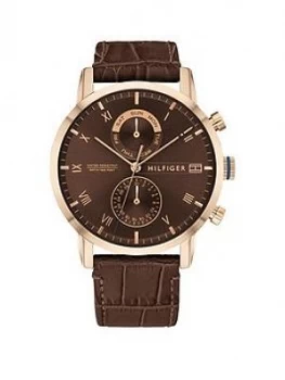 Image of Tommy Hilfiger Kane Brown Sunray And Coronation Gold Detail Chronogrpah Dial Brown Leather Strap Mens Watch