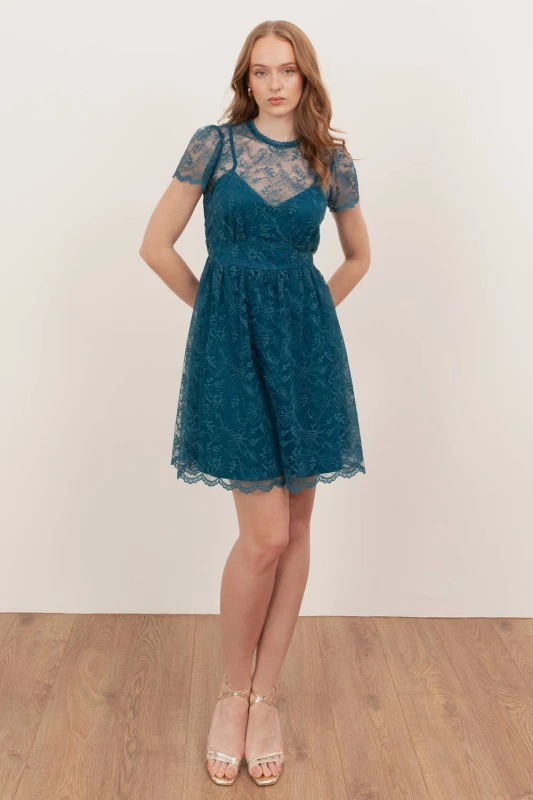 Image of Lovedrobe Womens Floral Lace Short Sleeve Mini Dress in Teal Size: 12 Teal Female 12