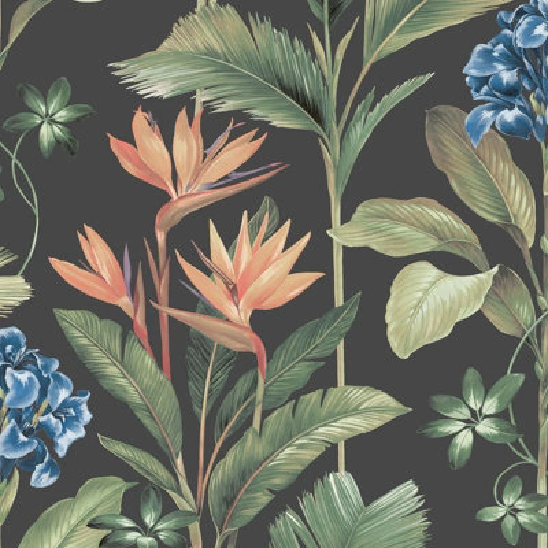 Image of BELGRAVIA DECOR Belgravia Decor - Floral Tropical Palm Leaves Flowers Charcoal Green Belgravia Oliana Wallpaper WL-O8484