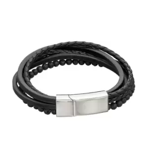 Image of Fred Bennett Recycled Black Leather & Lava Beads Multi Row Bracelet