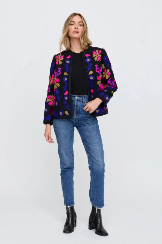 Image of Raffya Womens Halen Quilted Embroidered Jacket In Black Size: 12 Black Female 12