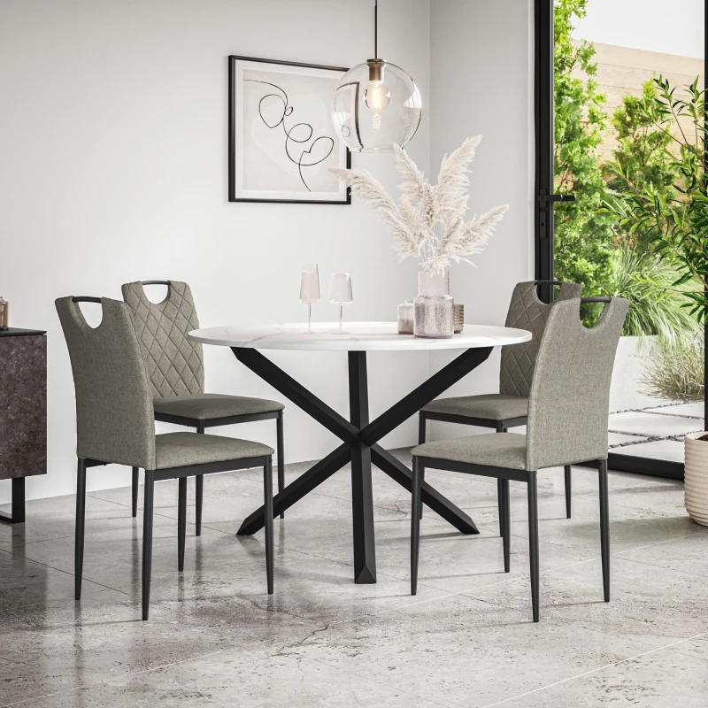 Image of More4Homes Malvern Round Dining Table And Chairs - Marble Table Top W Solid Oak Black Legs + Monza Fabric Dining Chair Set Of 4 (Grey)
