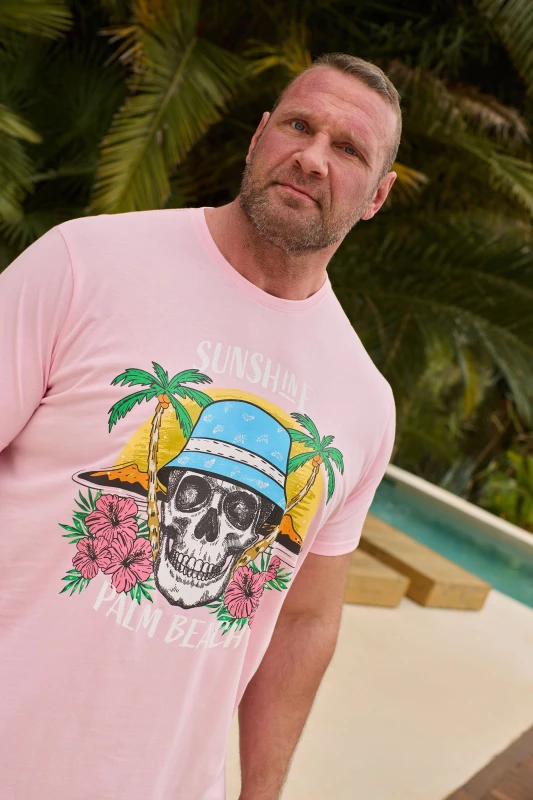 Image of BadRhino Mens 'Sunshine Palm Beach' Graphic T-Shirt in Light Pink Size: 4XL Light Pink Male 4XL