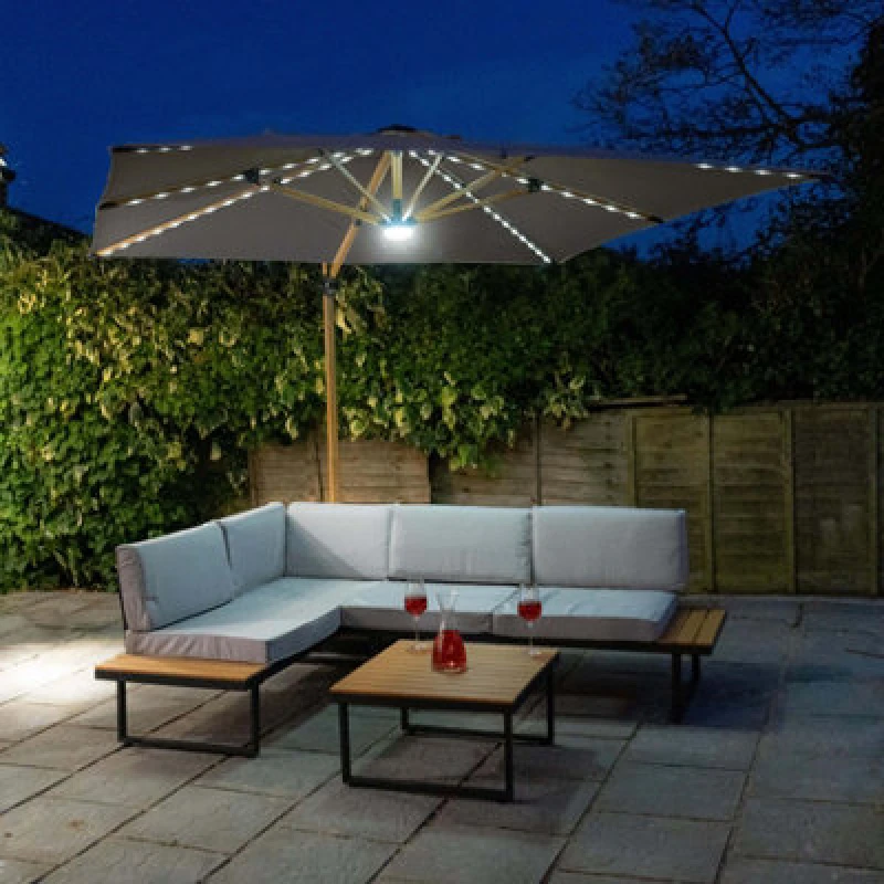 Image of Jack Stonehouse Athena Roma Square Parasol Wooden Umbrella With LED Lights Grey