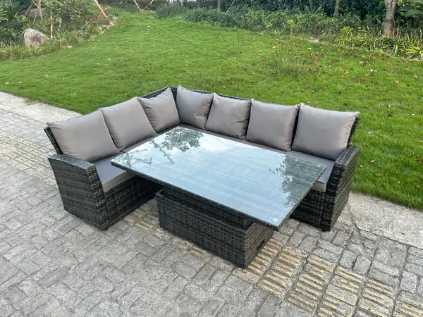 Image of Fimous 6 Seater Outdoor Dark Grey Rattan Lounge Complete Sofa Set with Adjustable Rising Lifting Table and High Back Sofa