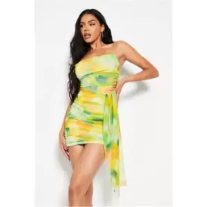 Image of I Saw It First Lime Green Abstract Printed Mesh Bandeau Drape Detail Bodycon Dress - Green