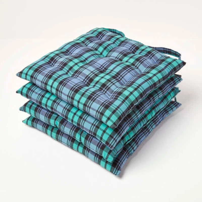 Image of Homescapes Blackwatch Tartan Seat Pad with Button Straps 40 x 40cm Set of 4 Green