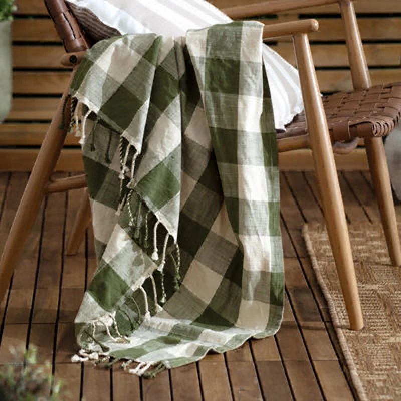 Image of Yard Chesil Check Tasselled 100% Cotton Throw Moss 130 X 170Cm, Green 5025532825551.00