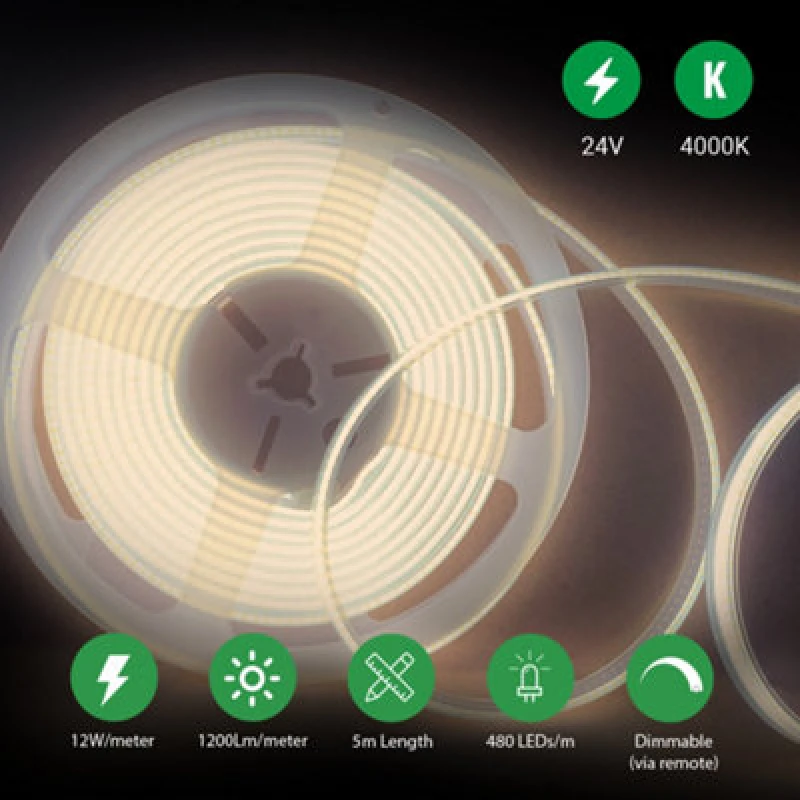 Image of Ener-J 5 Meters Set Of 24V Dotless Cob Strip With 480 Ledsm Dimming Controller UK Adapter Plug 4000K