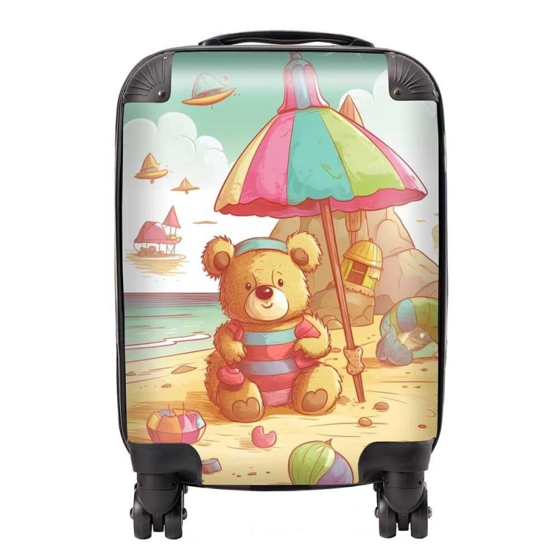 Image of Warren Reed - Designer Lucky Teddy Bear On A Beach Holiday Suitcase in Yellow Size: Medium Yellow Unisex Medium