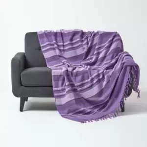 Image of Cotton Morocco Striped Mauve Throw, 225 x 255cm - Purple - Homescapes