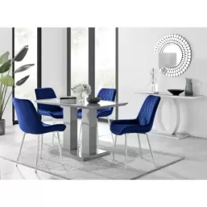 Image of Furniturebox UK - Furniturebox Imperia 4 High Gloss Grey Modern Dining Table and 4 Navy Pesaro Velvet Dining Chairs With Silver Legs Diamond