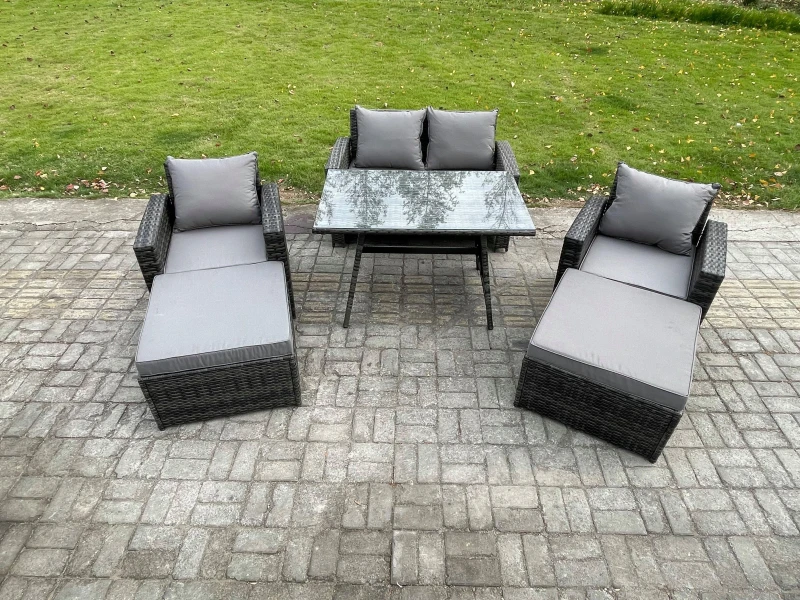 Image of Fimous Garden Dining Set Wicker PE Rattan Outdoor Furniture Sofa with Rectangular Dining Table Double Seat Sofa 2 Big Footstool 2 Armchairs Dark Grey