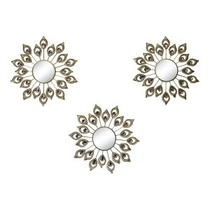 Image of Set of 3 Gold Metal Jewelled Peacock Feather Accent Mirrors
