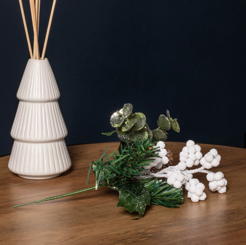 Image of 20cm Christmas Eucalyptus Pick with White Frosted Berries and Pinecone