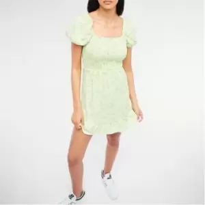 Image of Missguided Floral Print Shirred Crinkle Mini Dress - Green