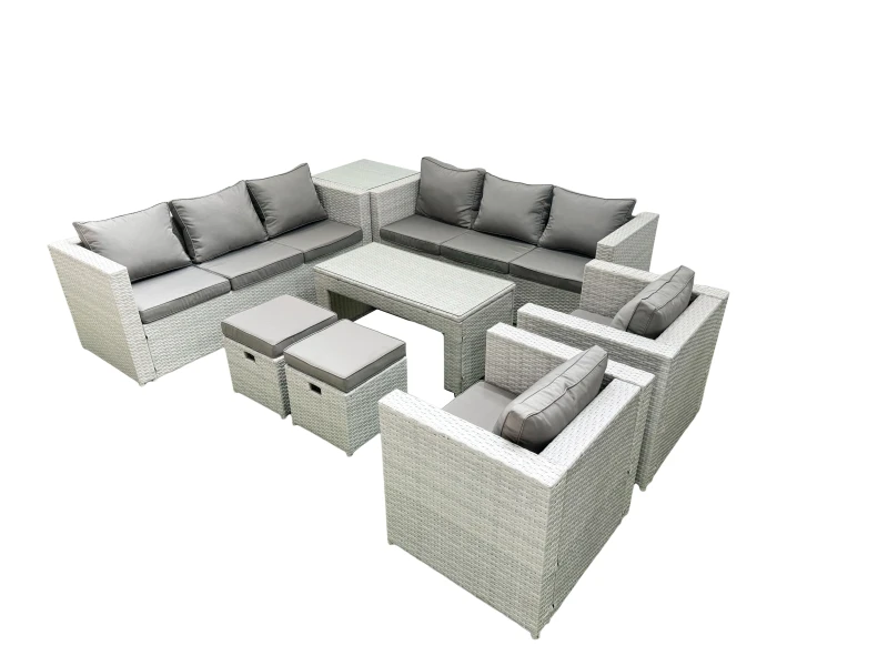 Image of Fimous Outdoor Garden Furniture Rattan Sofa Set with 2 Armchairs Oblong Coffee Table 2 Small Footstools Side Table Light Grey Mixed Light Grey