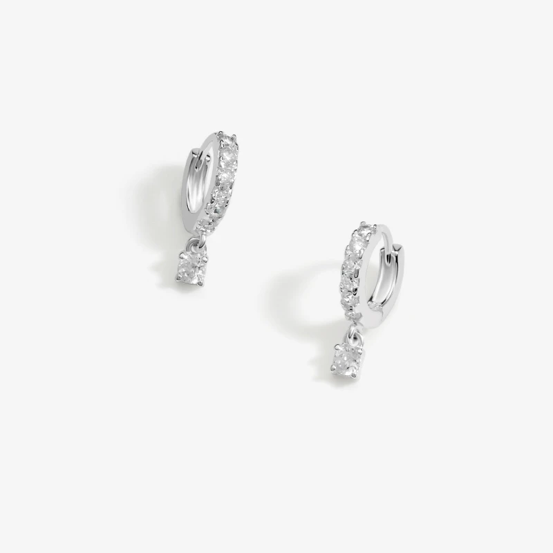 Image of Simply Silver Sterling Silver 925 Polished And Cubic Zirconia Silver Crystal Besel Charm Hoop Earrings Silver