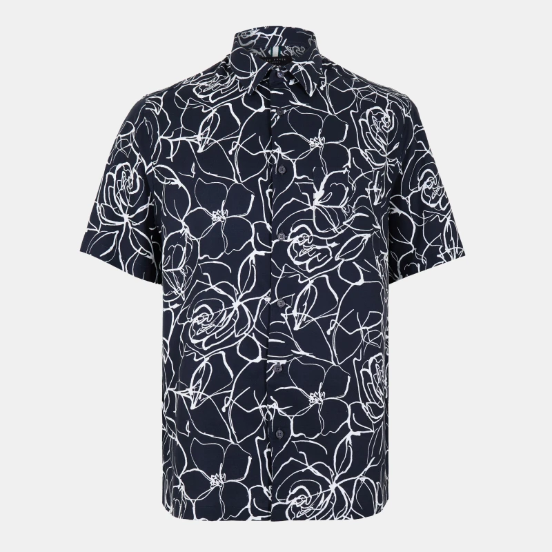 Image of Ted Baker Mens Short-Sleeve Patterned Shirt Navy male S (2)